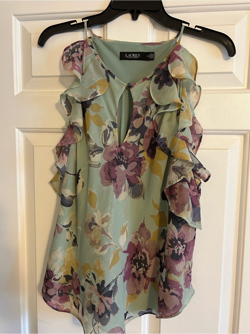 LAUREN Ralph Lauren Floral Ruffle Sleeveless Blouse - Mint & Mauve size 14